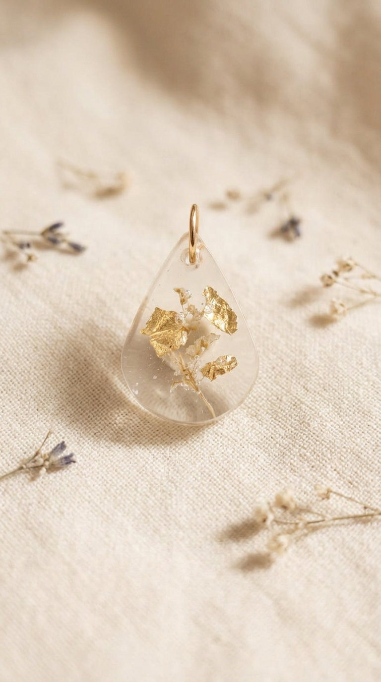 Pendentif goutte fleurs & or — création artisanale en fleurs séchées (bijoux & résine), faite main par Les Mains en Fleurs