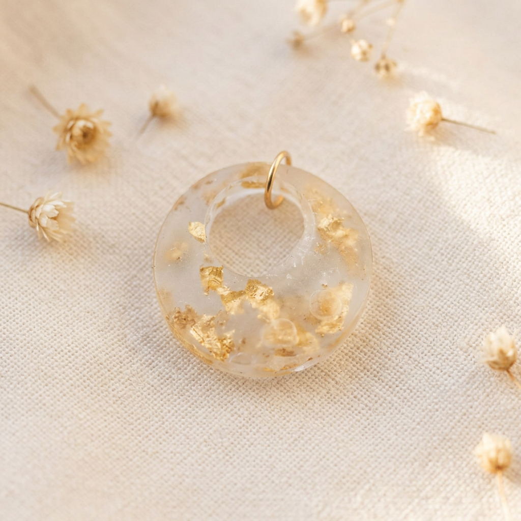 Pendentif anneau feuille d'or — création artisanale en fleurs séchées (bijoux & résine), faite main par Les Mains en Fleurs